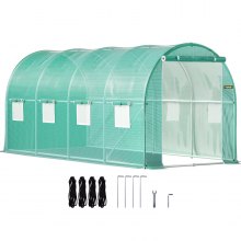 VEVOR Walk-in Tunnel Greenhouse, 15 x 7 x 7 ft Portable Plant Hot House w/Galvanized Steel Hoops, 1 Top Beam, 2 Diagonal Poles, 2 Zippered Doors & 8 Roll-up Windows, Green