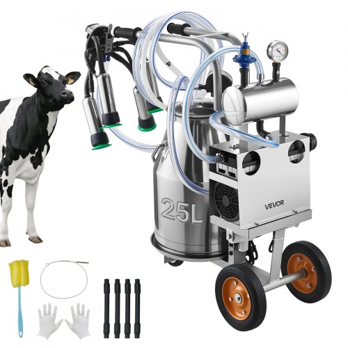 

VEVOR Electric Cow Milking Machine, 6.6 Gal / 25 L 304 Stainless Steel Bucket, Food-Grade Teat Cups and Silicone Hose, Strong Suction, Vacuum Pulsation, Electric Milker Machine with Wheels for Cow