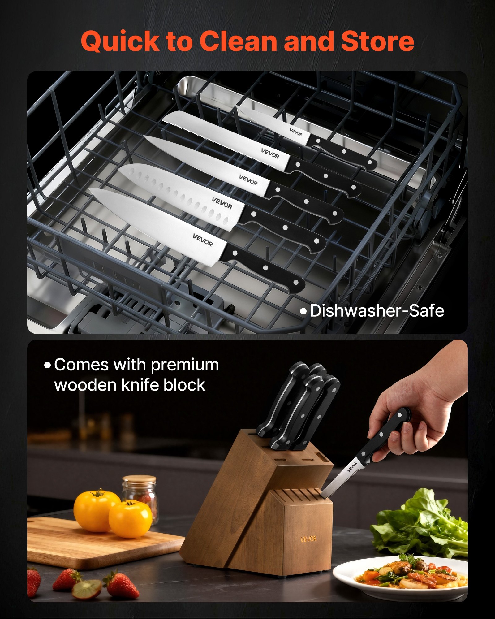 VEVOR Kööginugade komplekt ploki ja teritajaga, 205×125×310 mm