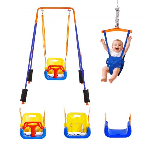 VEVOR Toddler Swing and Jumper, 2 in 1 Swing Set and Bouncer, Thick Plastic Seat with Foldable A-Frame Metal Stand, Reinforced with 4 Sandbags, Easy t