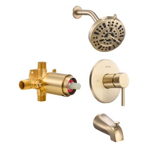 VEVOR Tub and Shower Faucet Set, Complete with 5-Inch Rainfall Shower Head and Bathtub Spout, 8-Setting Adjustable Spray, Single-Handle Tub Trim Kit with Brass Pressure Balancing Valve, Gold Finish YGHLLTZHHWHWLKQ5W001V0