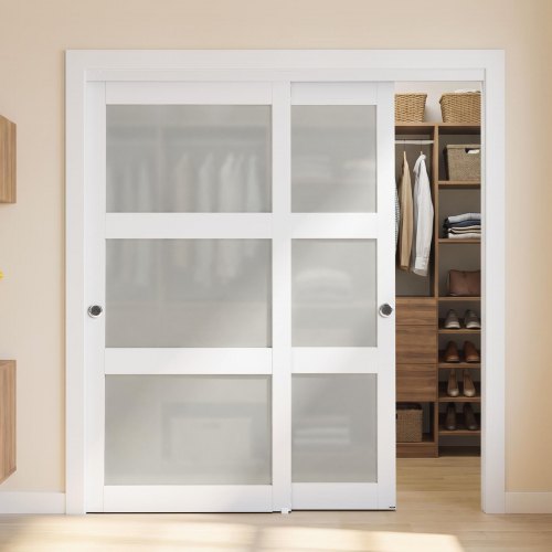 VEVOR Sliding Closet Doors, 72" (Double 37") x 80", 3-Lite Frosted Glass Bypass Sliding Doors with Hardware Track Kit & Floor Guide, Modern Stylish & Space-Saving for Closets Bedrooms Wardrobes