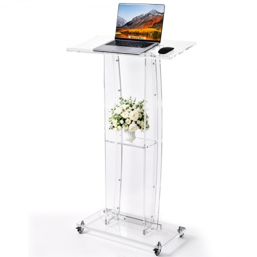 VEVOR Podium Stand 47 inch Acrylic Lectern Mobile Laptop Desk Storage Shelf, for Schools, Churches and Events, Clear Portable Presentation Lectern Stand with Storage Shelf, Book Stop, Spacious Surface