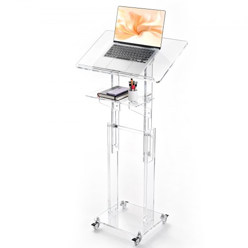 VEVOR Podium Stand, Adjustable Height Acrylic Lectern Mobile Laptop Desk, for Schools, Churches and Events, 43-46 inch, Clear Portable Presentation Lectern Stand with 70-180° Tilt and Storage Shelf