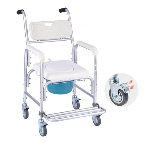 

VEVOR Bedside Commode Chair with Wheels, 350 lbs Capacity, 4-in-1 Portable Toilet and Raised Toilet Seat with Padded Seat/Backrest/Flip-up Footrest, Detachable 5L Bucket, Shower Wheelchair for Seniors