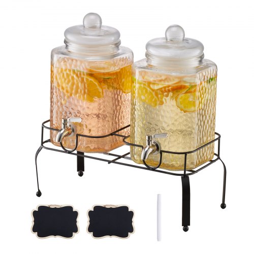 VEVOR Beverage Dispenser, 2 Pack 5.5L Drink Dispensers for Parties, Glass Juice Dispenser with Metal Stand, Stainless Steel Spigot, Iced Tea Lemonade Juice Water Dispensers for Parties