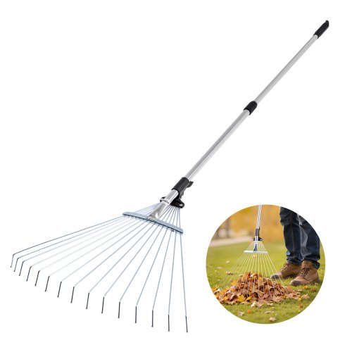 VEVOR Leaf Rake Steel Garden Rake 15-Tine 81.3-160 cm Adjustable Long Handle