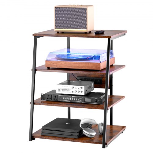 

VEVOR 4-Tier AV Media Stand with Power Strips, Corner TV Stand with LED Lights, Height Adjustable Wooden Shelves for DVD Players/Cable Boxes/Games Consoles, Brown