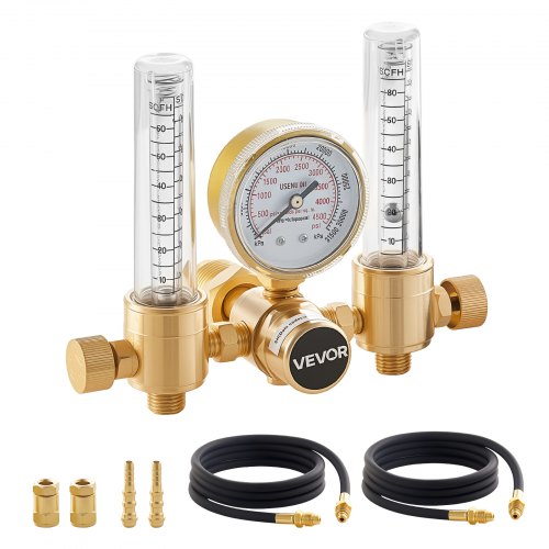 Vevor Dual Output Argon Regulator, Argon Flow Meter Gas Regulator Gauge For Tig/Mig Welding - With 2PCS 6.6FT Rubber Hoses, 0-60 Scfh, 0-4500 PSI Inle-image