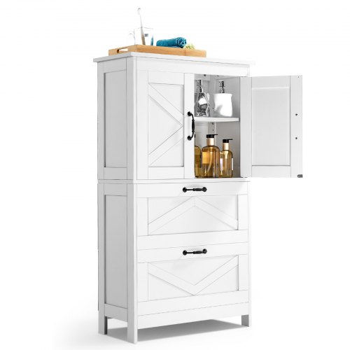 Wooden Bathroom Floor Cabinet Storage 2 Drawers and Adjustable Shelf White