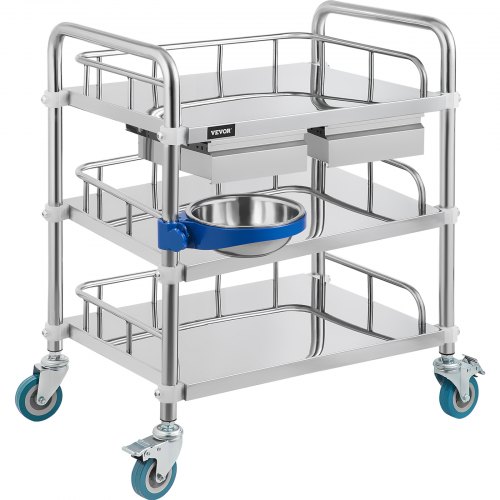 VEVOR Lab Cart 3 Layers Cart Double Drawers Stainless Steel Cart 1 Refuse Basin Lab Utility Cart w/ Silent Omnidirectional Wheels Stainless Utility Cart for Laboratory Hotel Restaurant Use (Large)
