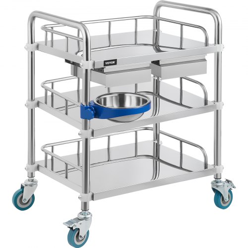 VEVOR Lab Cart 3 Layer Cart Double Drawers Stainless Steel Cart 1 Refuse Basin Lab Utility Cart w/Silent Omnidirectional Wheels Stainless Utility Cart for Laboratory Hotel Restaurant Home Use (medium)