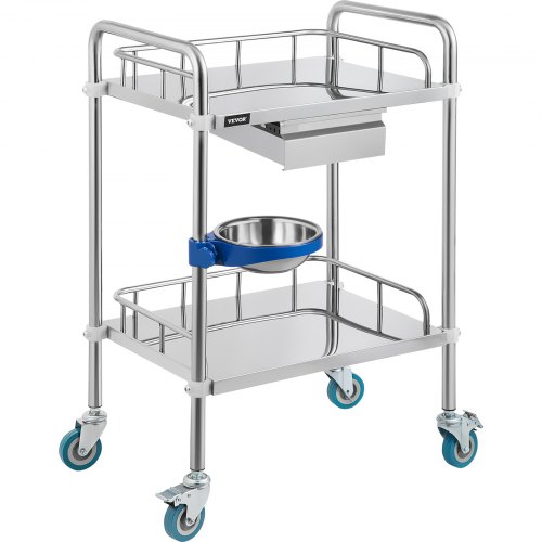 VEVOR Lab Cart 2 Layers Dental Cart with 1 Drawer Stainless Steel Cart 1 Refuse Basin Lab Utility Cart w/ Silent Omnidirectional Wheels Stainless Utility Cart for Laboratory Hotel Restaurant Home Use