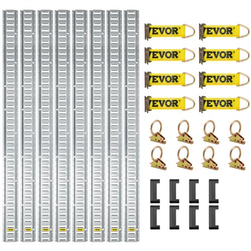 VEVOR E Track Tie-Down Rail Kit, 32PCS 5' E-Tracks Set Includes 8 Steel Rails & 8 O-Rings & 8 Tie-Offs with D-Ring & 8 End Caps, Trailer Securing Accessories for Cargo Motorcycles Bikes, 1500 lbs Load