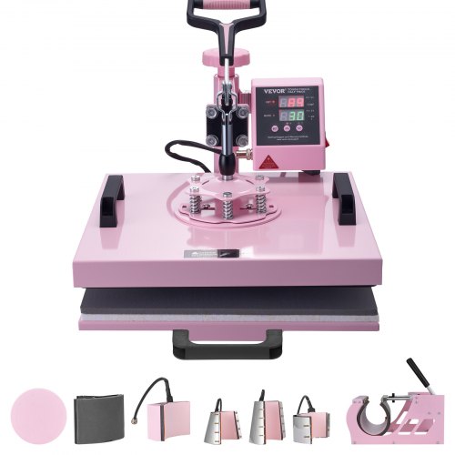 

VEVOR Heat Press Machine, 38x38 cm, 8 in 1 Heat Transfer Machine with 6-30 oz Tumbler Press, 360° Swing Away T-Shirt Pressing, Digital Precise Control, for T-Shirts/Mugs/Hats/Plates, Pink