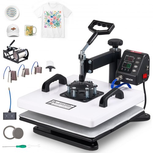 VEVOR Heat Press Machine 38 x 38 cm 8-in-1 Combo Sublimation Press Machine, 360° Swing Away, Heat Up Fast and Even, Digital Precise Time and Temp Control, for T-Shirts, Mugs, Tumblers, Caps, Plates