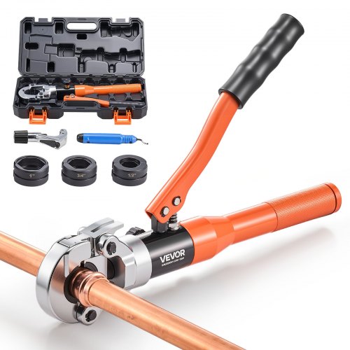 

VEVOR Copper Pipe Crimping Tool, Hydraulic Driven Pro Press Tool with 1/2", 3/4", 1" Jaws, Copper Tube Fittings Crimper for Narrow Spaces & Tee Fittings - with Pipe Cutter & Carrying Case