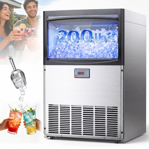 VEVOR Commercial Ice Maker Machine, 200 lbs/24h with 50 lbs Storage Capacity, Built-in/Freestanding/Under Counter, Stainless Steel Ice Maker with LED Display & Self-Cleaning, for Home Bar Restaurant
