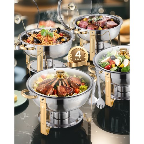 

VEVOR Chafing Dish Buffet Set, 5 Qt 4 Pack, Stainless Steel Chafer with 4 Full Size Pan, Round Catering Warmer Server with Glass Lid Water Pan Folding Stand Fuel Holder, for Wedding Party Banquet, Gold