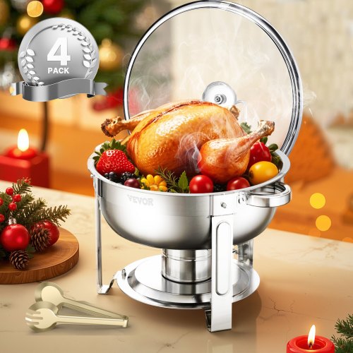 

VEVOR 5 Qt 4 Pack Round Chafing Dish Buffet Set Full-Size Pan Stainless Steel