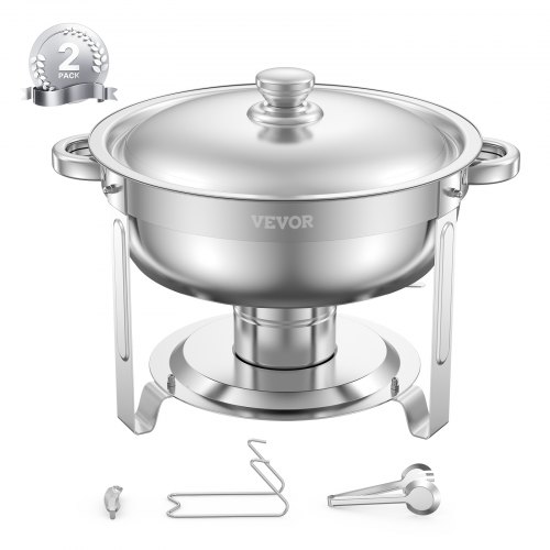 

5 Qt 2 Pack Round Chafing Dish Buffet Set Full-Size Pan Stainless Steel Silver