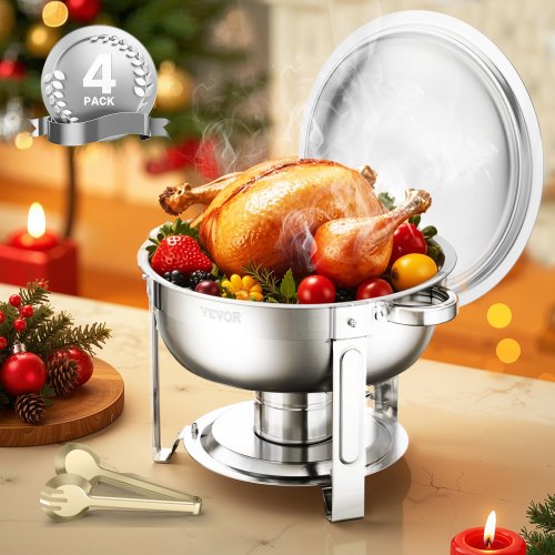 

5 Qt 4 Pack Round Chafing Dish Buffet Set Full-Size Pan Stainless Steel Silver