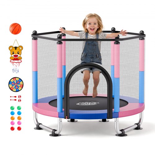

VEVOR 55" Trampoline for Kids, 4.6 FT Toddler Mini Trampoline, 132 lbs Capacity Indoor Outdoor Play Toys with Enclosure Net, Swing, and Basketball Hoop, Christmas Toys Birthday Gifts for Girls Boys