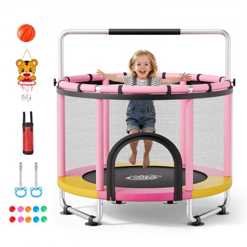 

VEVOR 60" Trampoline for Kids, 5 FT Toddler Mini Trampoline, 132 lbs Indoor Outdoor Play Toys with Enclosure Net and Adjustable Gymnastics Bar, Christmas Toys Birthday Gifts for Girls Boys
