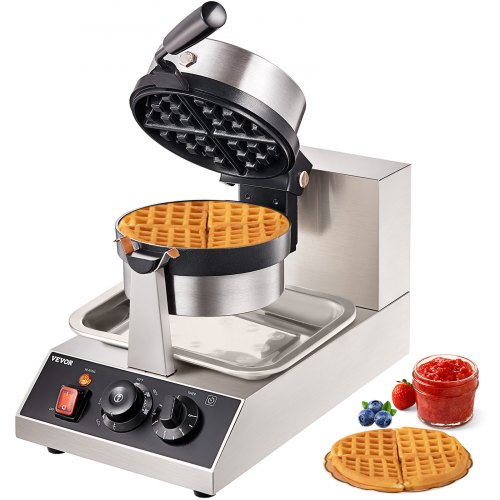 

VEVOR Commercial Waffle Maker, 1 Piece per Batch, 1300W Round Waffle Iron, Non-Stick Waffle Baker Machine with 122-572℉ / 50-300℃ Temp Range Teflon-Coated Baking Pans Stainless Steel Body, 120V