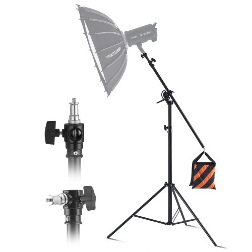 

VEVOR Air Cushioned Aluminum Light Stand, Max Height 12.8 ft/390 cm, Adjustable Photography Stand with Boom Arm, Sandbag, Max Load 5kg, 1/4 in Screw for Softbox, Studio Flash, Umbrella, Ring Light