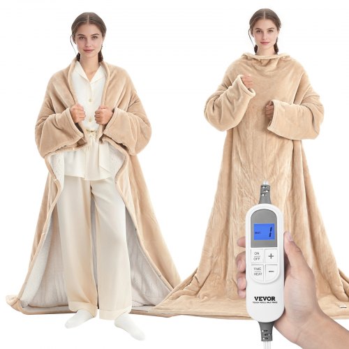

VEVOR Wearable Electric Heated Throw Blanket with Foot Pocket & Sleeves, Portable Robe Snuggie Blankets for Women, 10 Heating Levels, 12H Auto Shut-Off, Machine Washable, 50 x 70 inch, Beige
