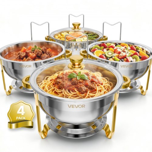 Vevor 4 Packs Chafing Dishes For Buffet Set, 6QT Stainless Steel Chafer, For Banquet Party Wedding Catering Event, Round Stackable Buffet Servers And-image