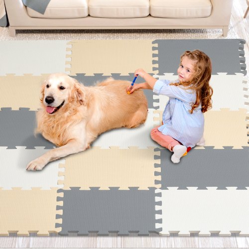 

VEVOR 16 Tiles Kids Play Mat, 0.4 Inch Toddler Play Mat with EVA Foam, 12" x 12" Puzzle Play Mat with 16 sq.ft Coverage, Interlocking Toddler Mats for Play Room, Nursery, Living Room, Camel&Gray&Beige