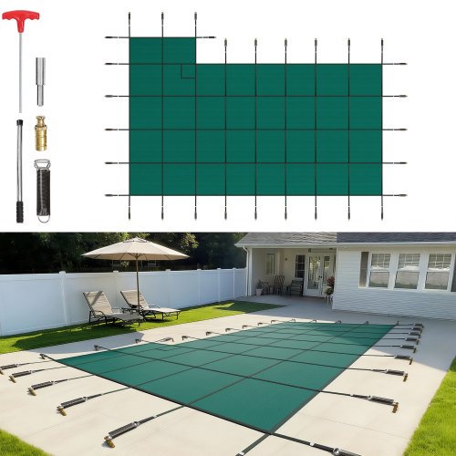 VEVOR Inground Pool Safety Cover, 20 ft x 38 ft Rectangular Winter Pool Cover with Right Step, Triple Stitched, High Strength Mesh PP Material, Good R