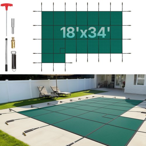 

VEVOR Inground Pool Safety Cover, 18 ft x 34 ft Rectangular Winter Pool Cover with Left Step, Triple Stitched, High Strength Mesh PP Material, Good Rain Permeability, Installation Hardware Included