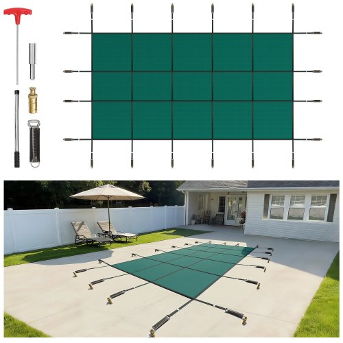

VEVOR Inground Pool Safety Cover, 14 ft x 26 ft Rectangular Winter Pool Cover, Triple Stitched, High Strength Mesh PP Material with Good Rain Permeability, Installation Hardware Included, Green