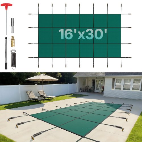 

VEVOR Inground Pool Safety Cover, 16 ft x 30 ft Rectangular Winter Pool Cover, Triple Stitched, High Strength Mesh PP Material with Good Rain Permeability, Installation Hardware Included, Green