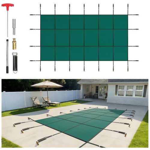 

VEVOR Inground Pool Safety Cover, 16 ft x 30 ft Rectangular Winter Pool Cover, Triple Stitched, High Strength Mesh PP Material with Good Rain Permeability, Installation Hardware Included, Green