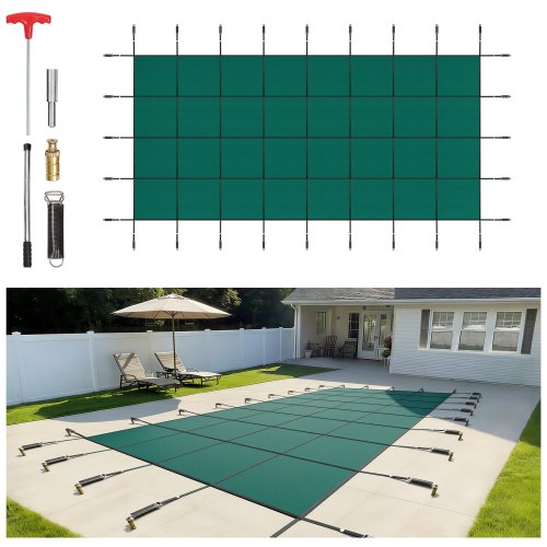 

VEVOR Inground Pool Safety Cover, 20 ft x 42 ft Rectangular Winter Pool Cover, Triple Stitched, High Strength Mesh PP Material with Good Rain Permeability, Installation Hardware Included, Green