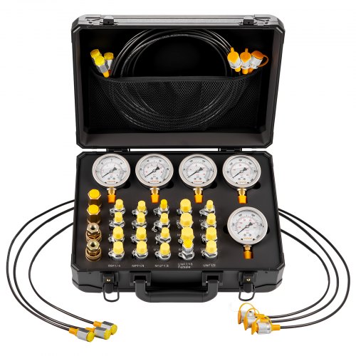

VEVOR Hydraulic Pressure Test Kit, 150/900/2300/6000/9000 PSI (10/60/160/400/600 Bar), Hydraulic Gauge Kit 5 Gauges 20 Couplings 4 Quick-Release Couplers 3 Hoses for Excavator Construction Machinery