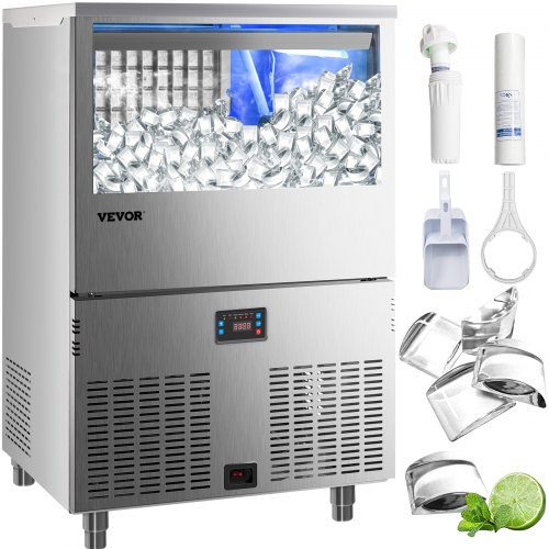 VEVOR 110V Commercial Ice Maker 265LBS/24H with Large Storage 110LBS Bin, Unique Lunar Shape Ice Machine, Full Heavy Duty Stainless Steel Construction, Include Water Filter, 2 Scoops, Connection Hose