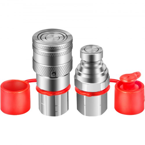 VEVOR Flat Face Hydraulic Couplers 1/2'' Body 1/2'' NPT Thread, Skid Steer Quick Connect Coupling, 4061 PSI Hydraulic Fittings, Pioneer Hydraulic Couplers w/Dust Caps for Bobcat Case (ISO16028)