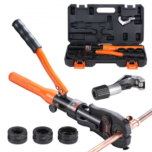 VEVOR Copper Pipe Crimping Tool, Hydraulic Driven Press Tool with 1/2″, 3/4″, 1″ VUS Jaws, Copper Tube Fittings Crimper for Narrow Spaces, Straight &