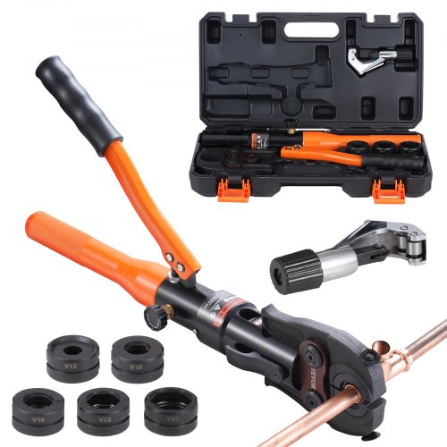 VEVOR Copper Tube Fittings Hydraulic Pipe Crimping Tool, Pressing Plier with V12, V15, V18, V22, V28 Quick Change Jaws, 360° Rotatable Press Kit for Confined Spaces Tee Fittings Hydraulically Driven