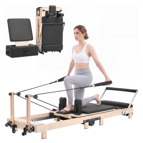 VEVOR Pilates Reformer 91" Foldable Pilates Machine 400 lbs Rubberwood, for Home Use and Gym Workout, with Jump Board, Springs, Sitting Box, and Adjustable Headerest, for Advanced Beginners Users