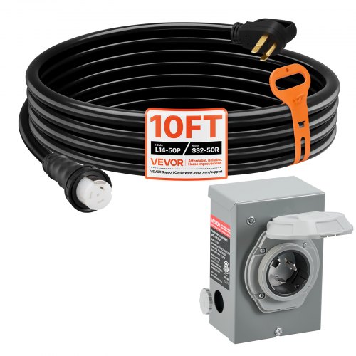 

VEVOR 50 Amp Generator Cord and Power Inlet Box, 10FT, 125V/250V STW 6/3 + 8/1 AWG Extension Power Cord, NEMA 14-50P to SS2-50R, Twist Lock Connector, Inlet Box Kit, for Generator to House, ETL Listed