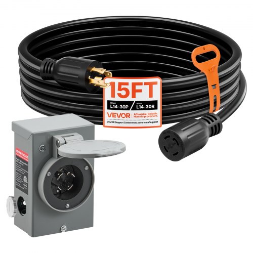 

VEVOR 30 Amp Generator Cord and Power Inlet Box, 15 FT, 125/250V NEMA L14-30P to L14-30R Heavy Duty Extension Power Cord, SJTW 10 Gauge 7500W, Pre-Drilled Inlet Box, for Generator to House, ETL Listed