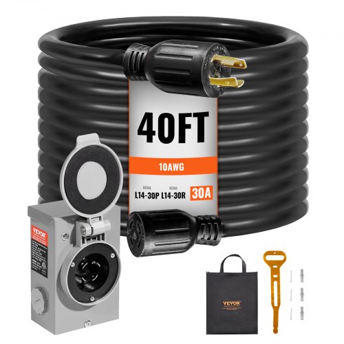 

VEVOR 30 Amp Generator Cord and Power Inlet Box Kit, 40 FT, NEMA L14-30P/L14-30R STW 10 AWG Generator Power Extension Cord with Twist Lock Connector, Pre-Drilled Inlet Box for RV Outdoor, ETL Listed