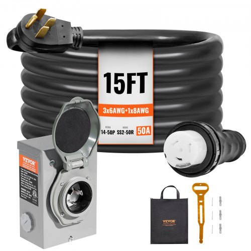 Vevor 50 Amp Generator Cord and Power Inlet Box Kit, 15FT, NEMA 14-50P/SS2-50R STW 6/3+8/1 AWG Generator Power Cord with Twist Lock Connector, Pre-Drilled Inlet Box for Generator to House, ETL Listed