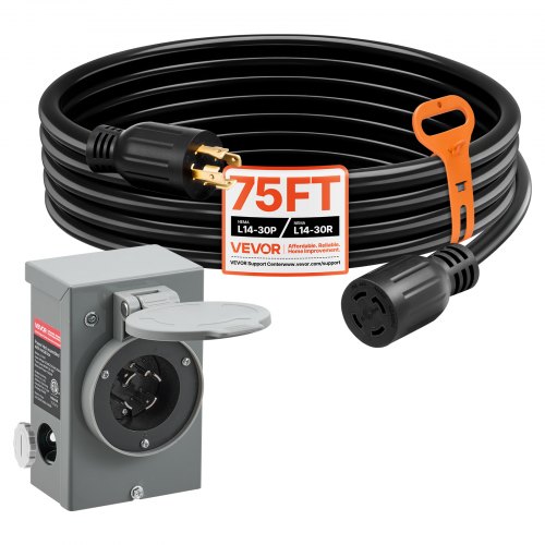 

VEVOR 30 Amp Generator Cord and Power Inlet Box, 75 FT, 125/250V NEMA L14-30P to L14-30R Heavy Duty Extension Power Cord, SJTW 10 Gauge 7500W, Pre-Drilled Inlet Box, for Generator to House, ETL Listed